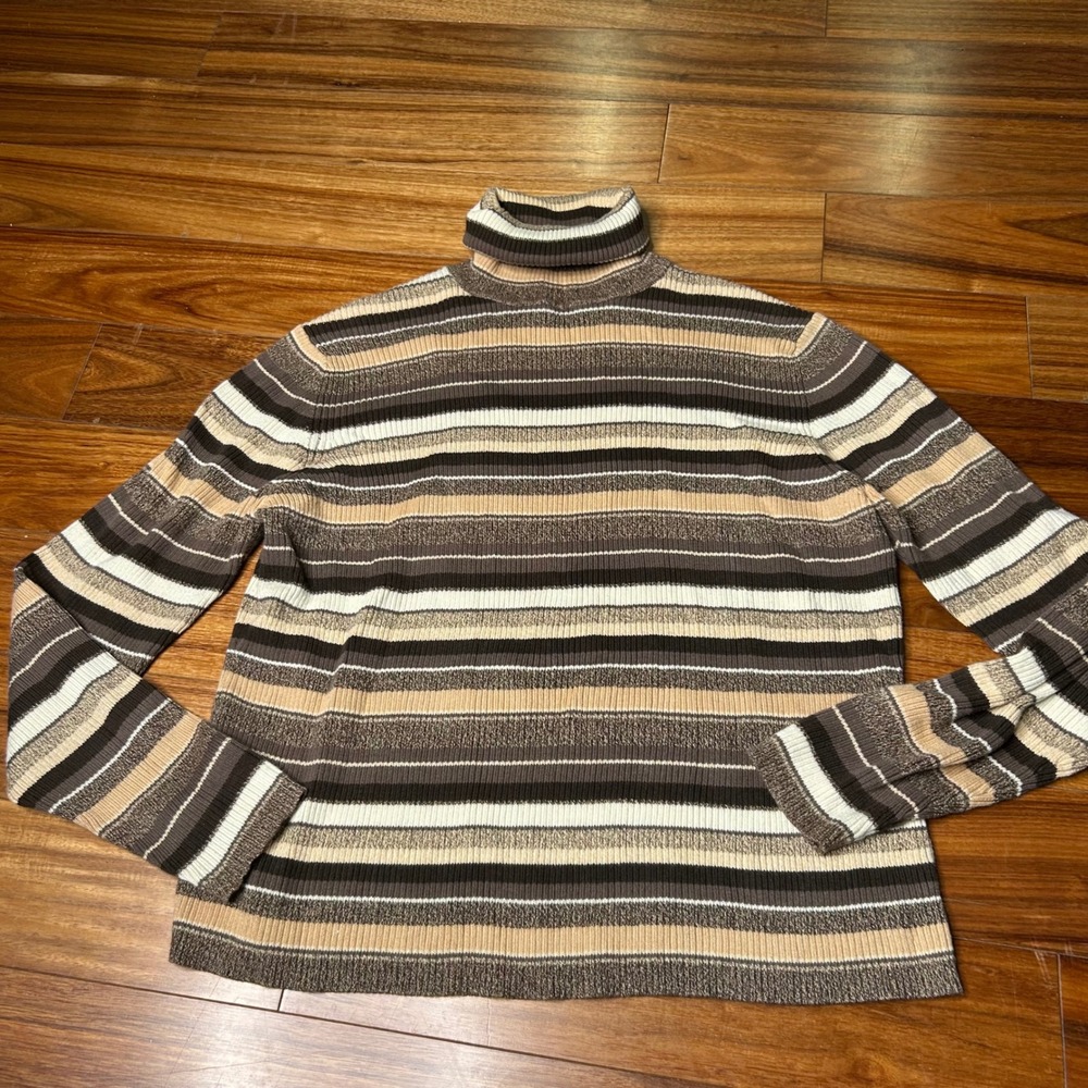 Valerie Stevens Casual Turtleneck Sweater Striped Long Sleeve Brown Beige Womens